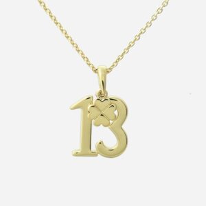 Collier porte bonheur plaqué or 3 microns chiffre 13 trèfle