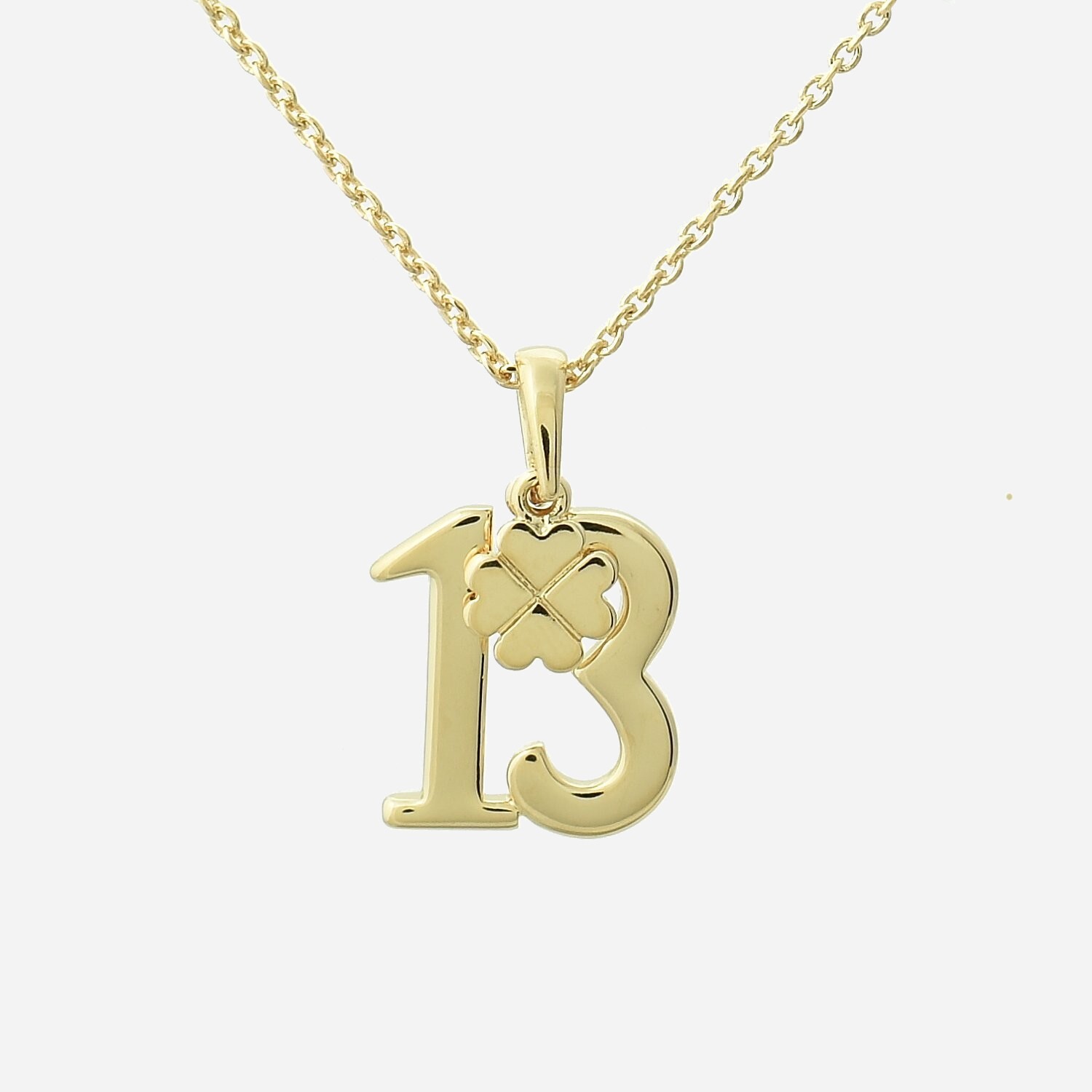 Collier porte bonheur plaqué or 3 microns chiffre 13 trèfle