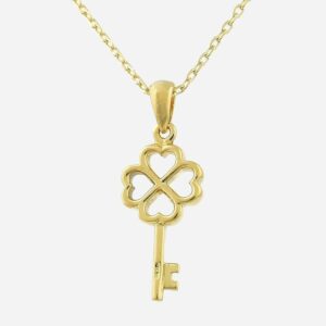 Collier clé coeurs plaqué or 750 forme trèfle - Vue principale amour chance charme