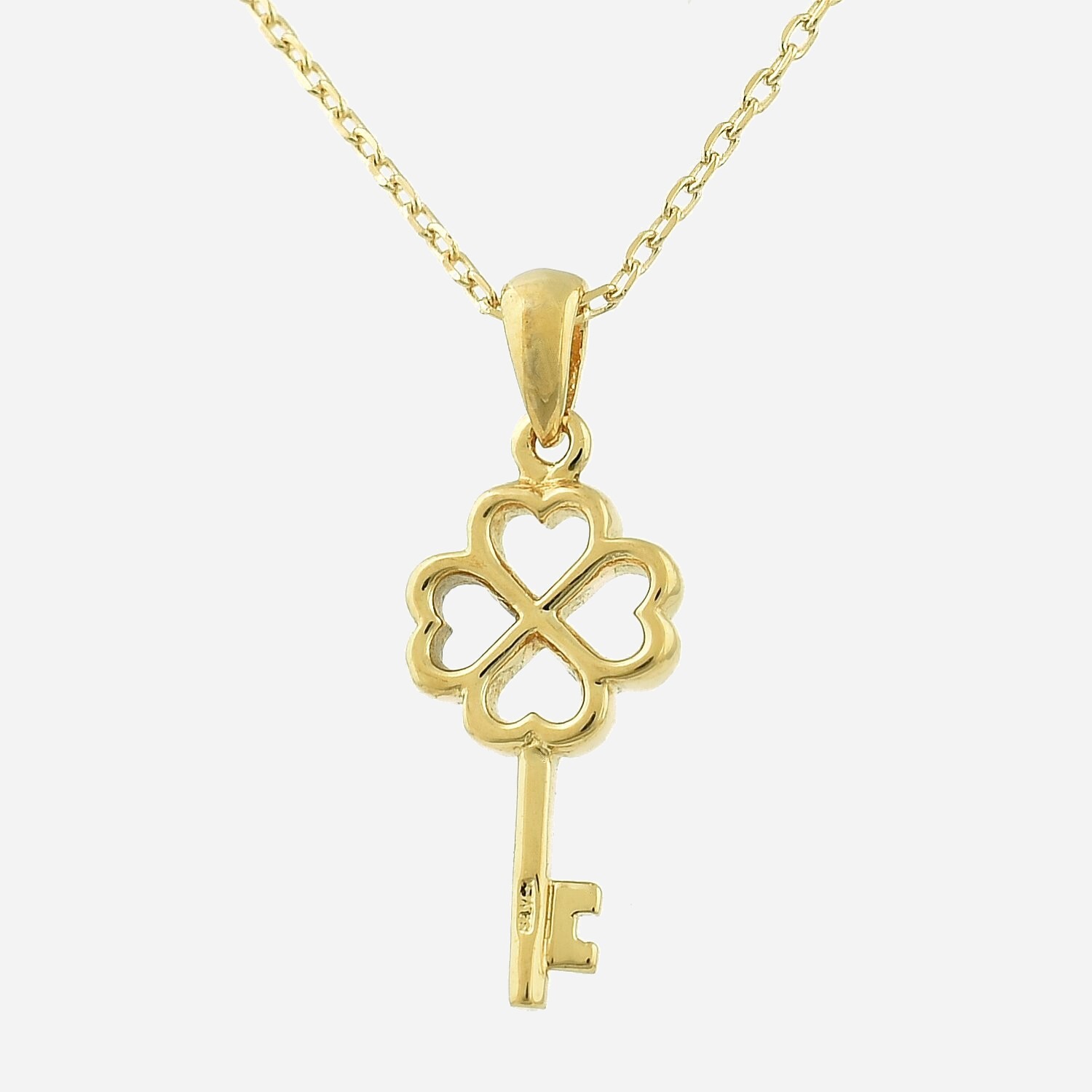 Collier clé coeurs plaqué or 750 forme trèfle - Vue principale amour chance charme