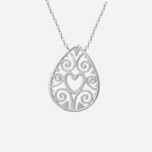 Collier coeur goutte ovale arabesque ciselée argent 925 rhodié dentelle