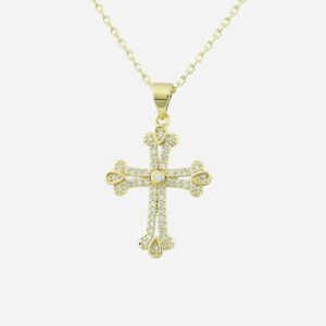 Collier croix plaqué or 750 oxyde zirconium 2 branches - Vue principale élégance spiritualité