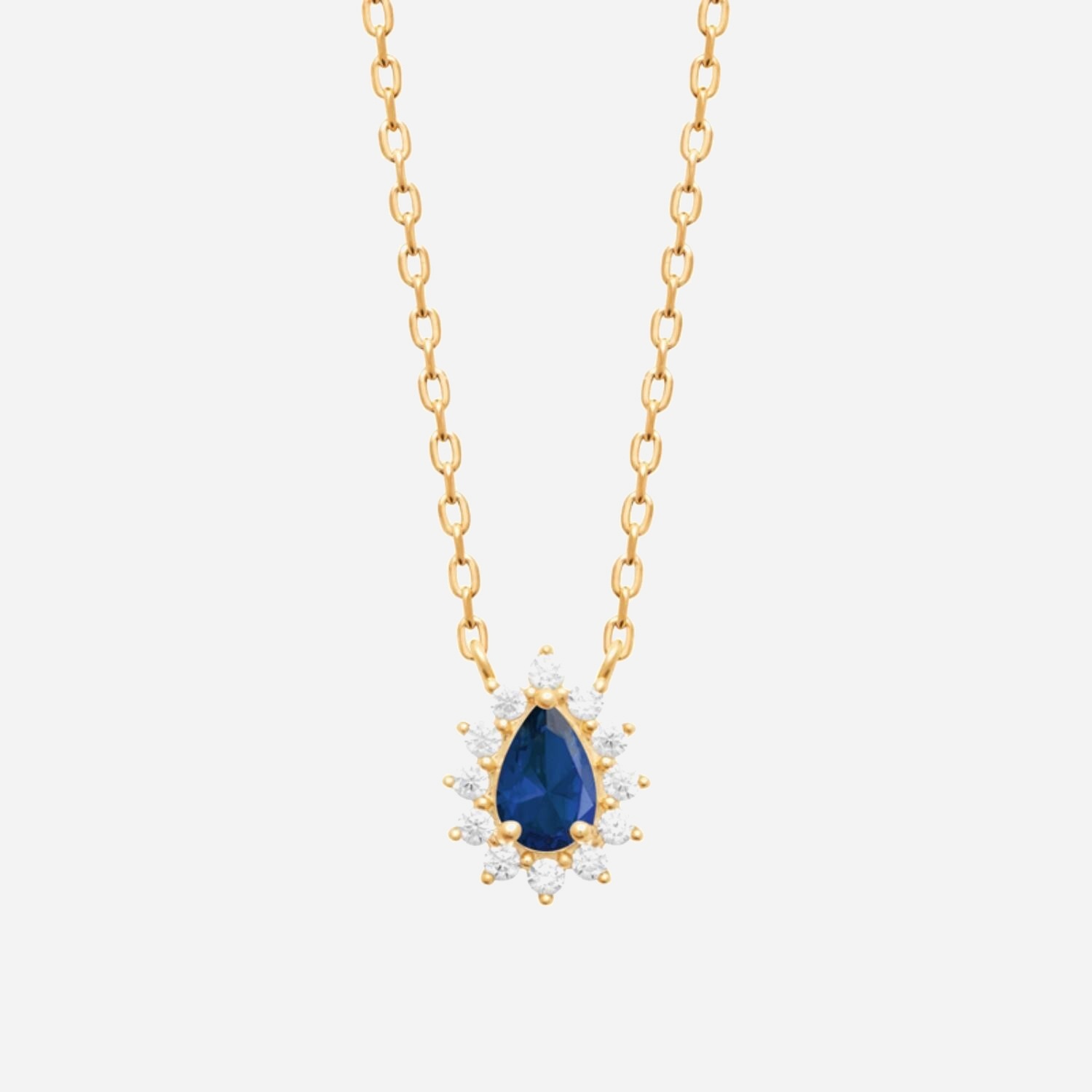 Collier goutte bleu plaqué or 750 style fleur oxyde zirconium - Vue principale pendentif pierre bleue
