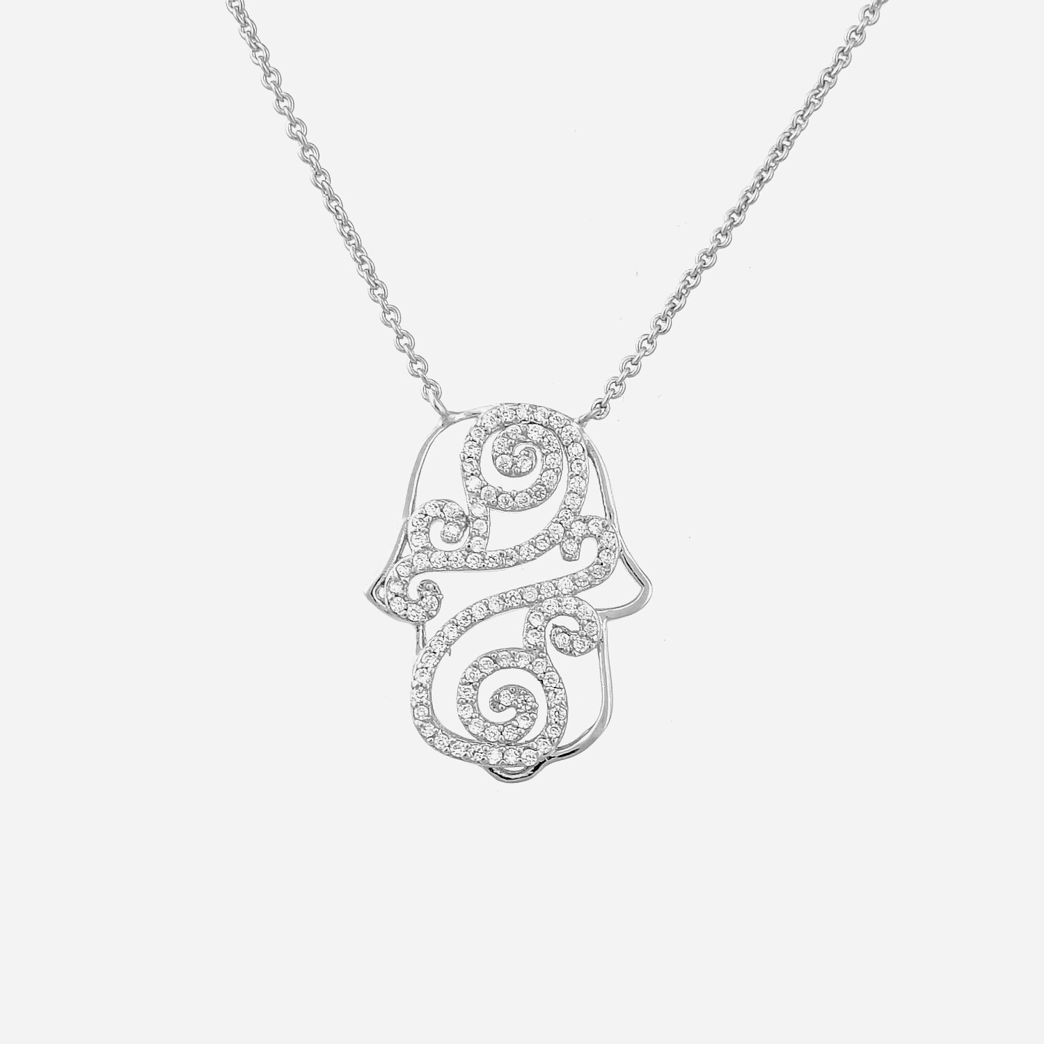 Collier main de Fatma argent 925 rhodié oxydes zirconium Khamsa