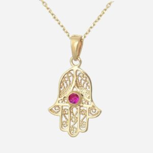 Collier main de Fatma oxyde zirconium rose plaqué or 750 amulette porte-bonheur tendre