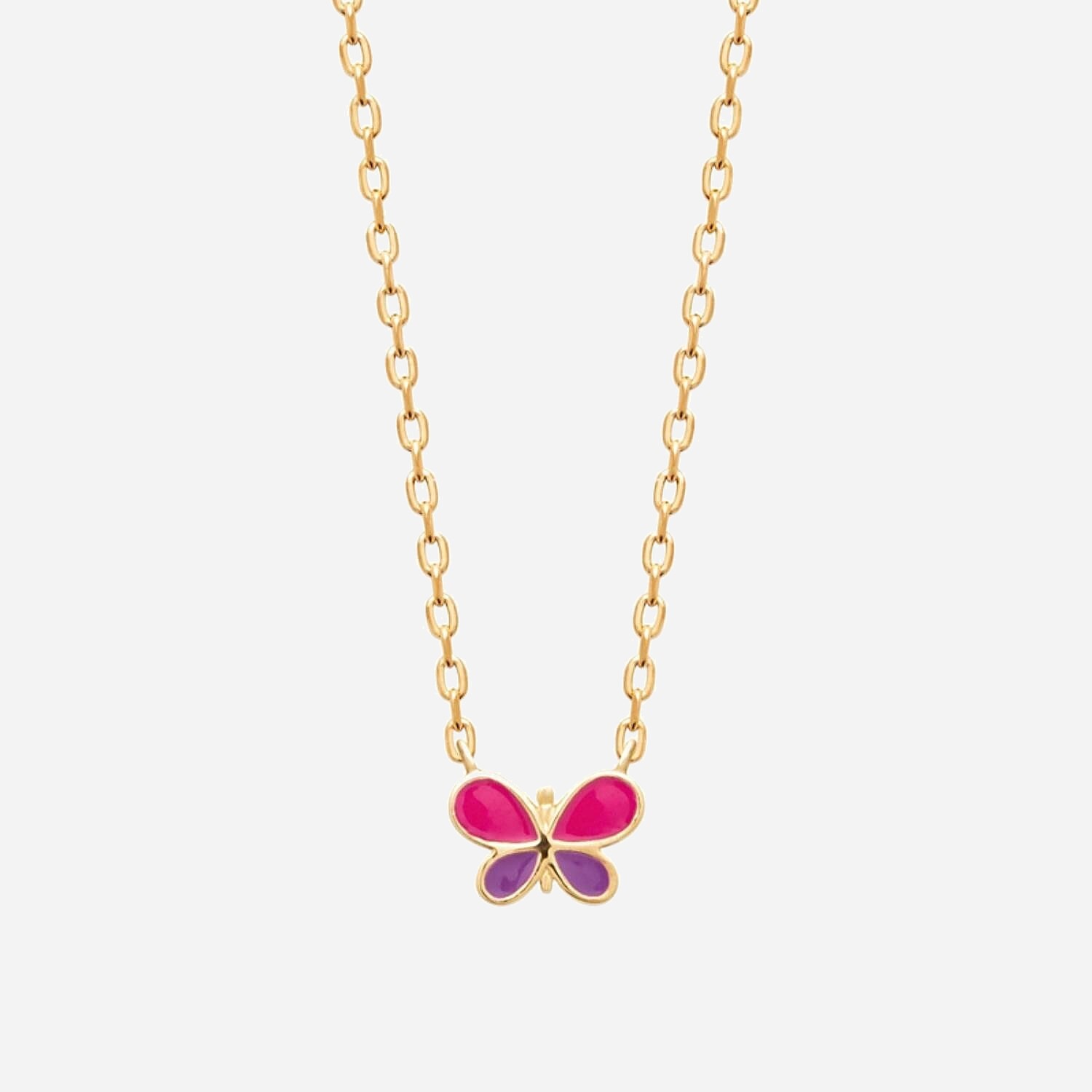 Collier papillon enfant émail coloré rose violet plaqué or 750 légèreté