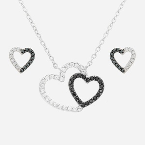 Parure 2 cœurs argent 925 rhodié oxydes zirconium blancs et noirs - Vue ensemble complet