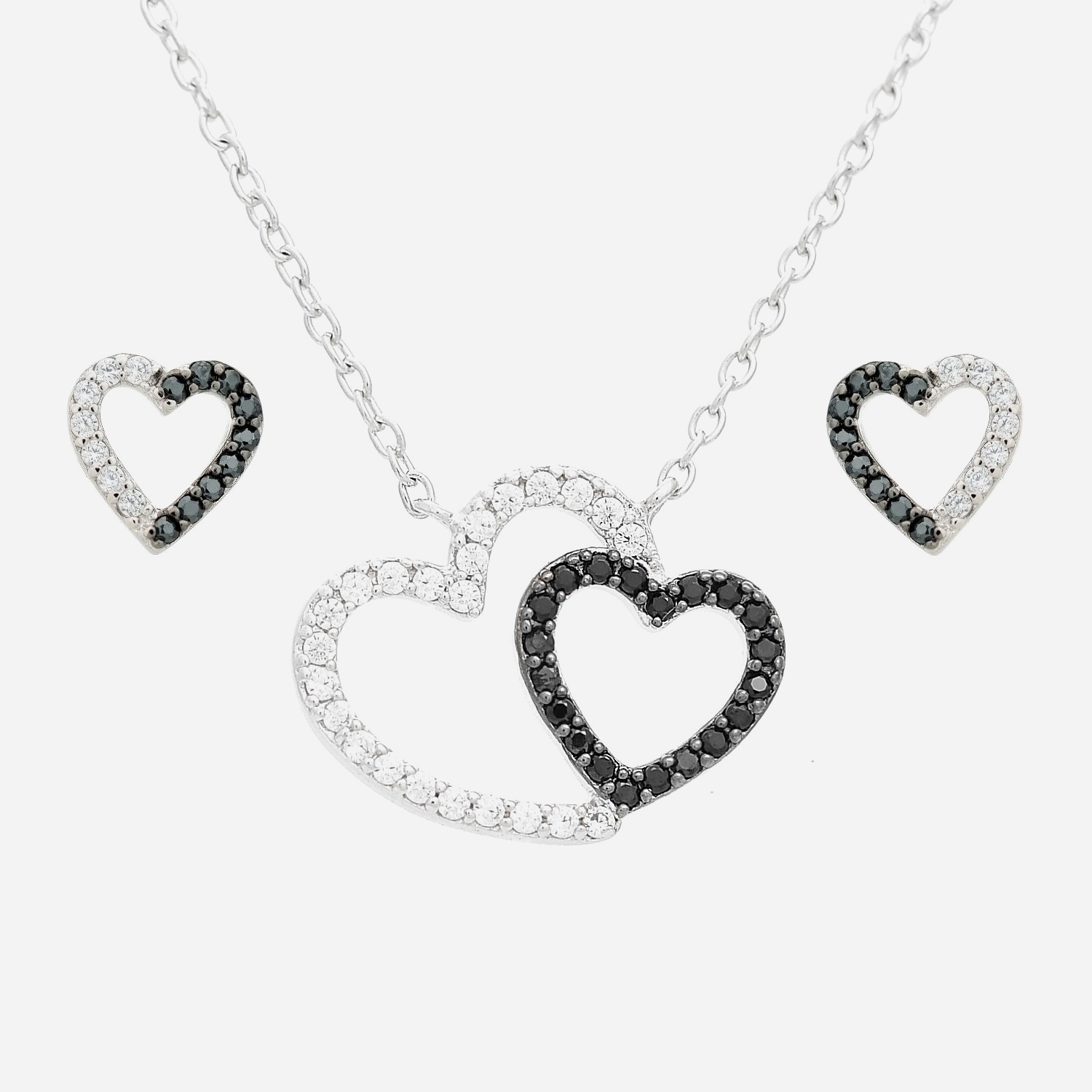 Parure 2 cœurs argent 925 rhodié oxydes zirconium blancs et noirs - Vue ensemble complet