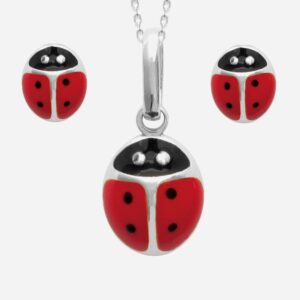 Parure coccinelle émail rouge et noir enfant argent 925 rhodié porte-bonheur charme ludique