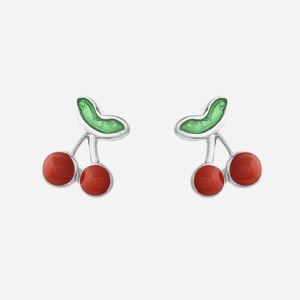 Boucles d'oreilles cerise émail rouge et vert enfant argent 925 rhodié mignonnes gourmandes