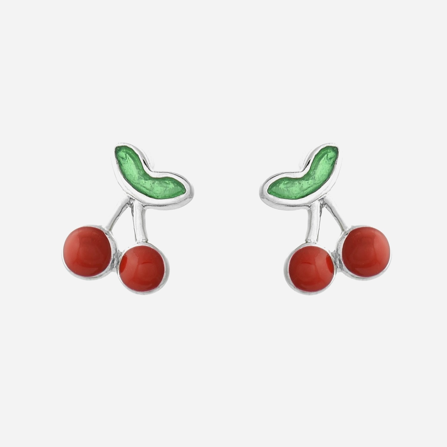 Boucles d'oreilles cerise émail rouge et vert enfant argent 925 rhodié mignonnes gourmandes