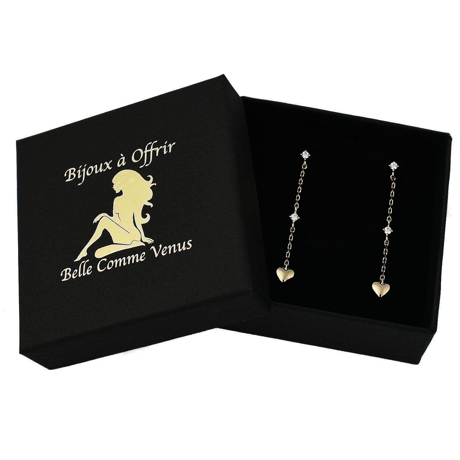 Boucles oreilles coeur plaqué or oxyde zirconium chaîne pendante dans écrin Belle Comme Venus