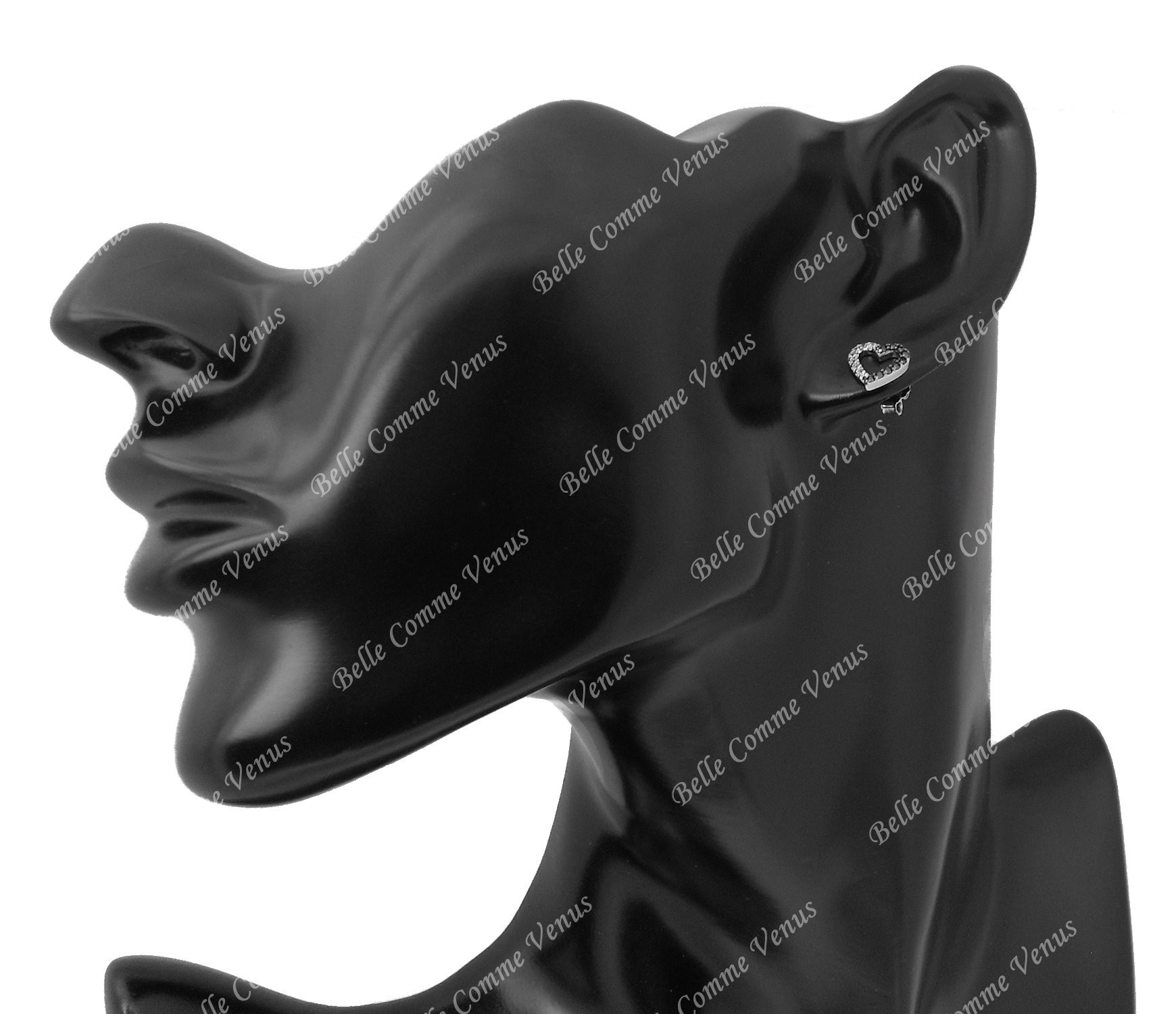 Boucles d'oreilles coeur serti d'oxyde de zirconium blancs et noirs Argent 925 Rhodié