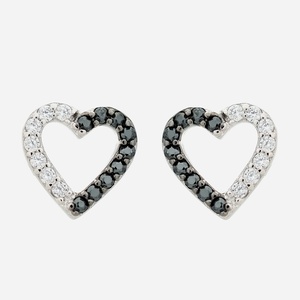 Boucles d'oreilles cœur oxyde zirconium blancs et noirs argent 925 rhodié contraste bicolore