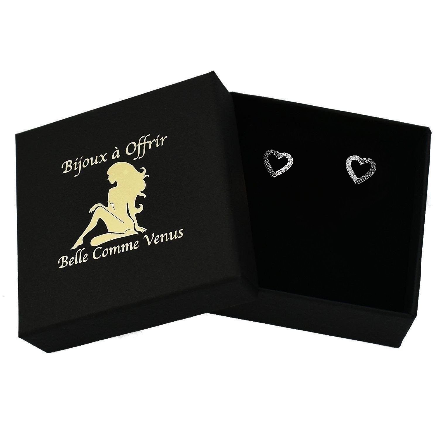 Boucles d'oreilles cœur oxyde zirconium blancs noirs argent 925 dans écrin Belle Comme Venus