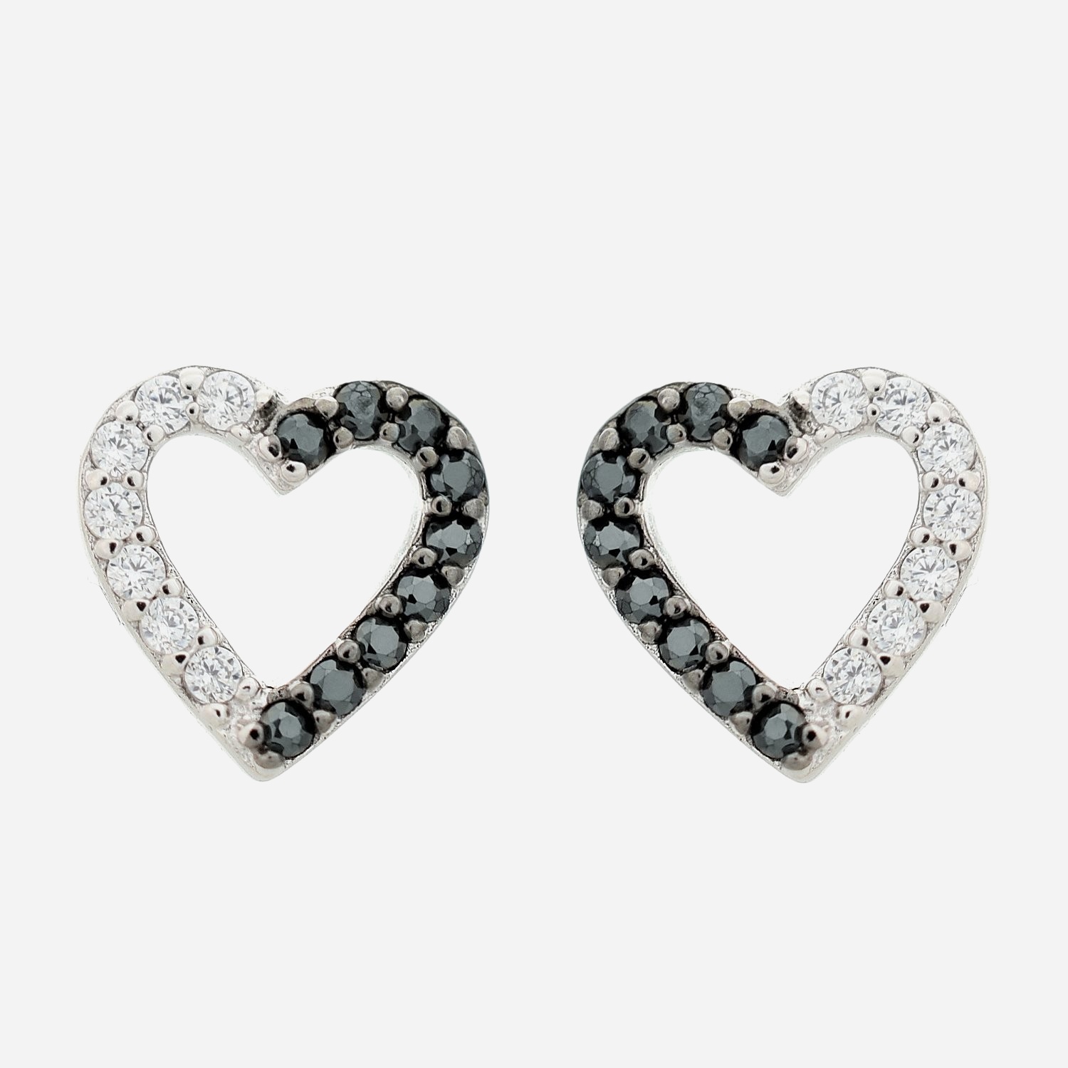 Boucles d'oreilles cœur oxyde zirconium blancs et noirs argent 925 rhodié contraste bicolore