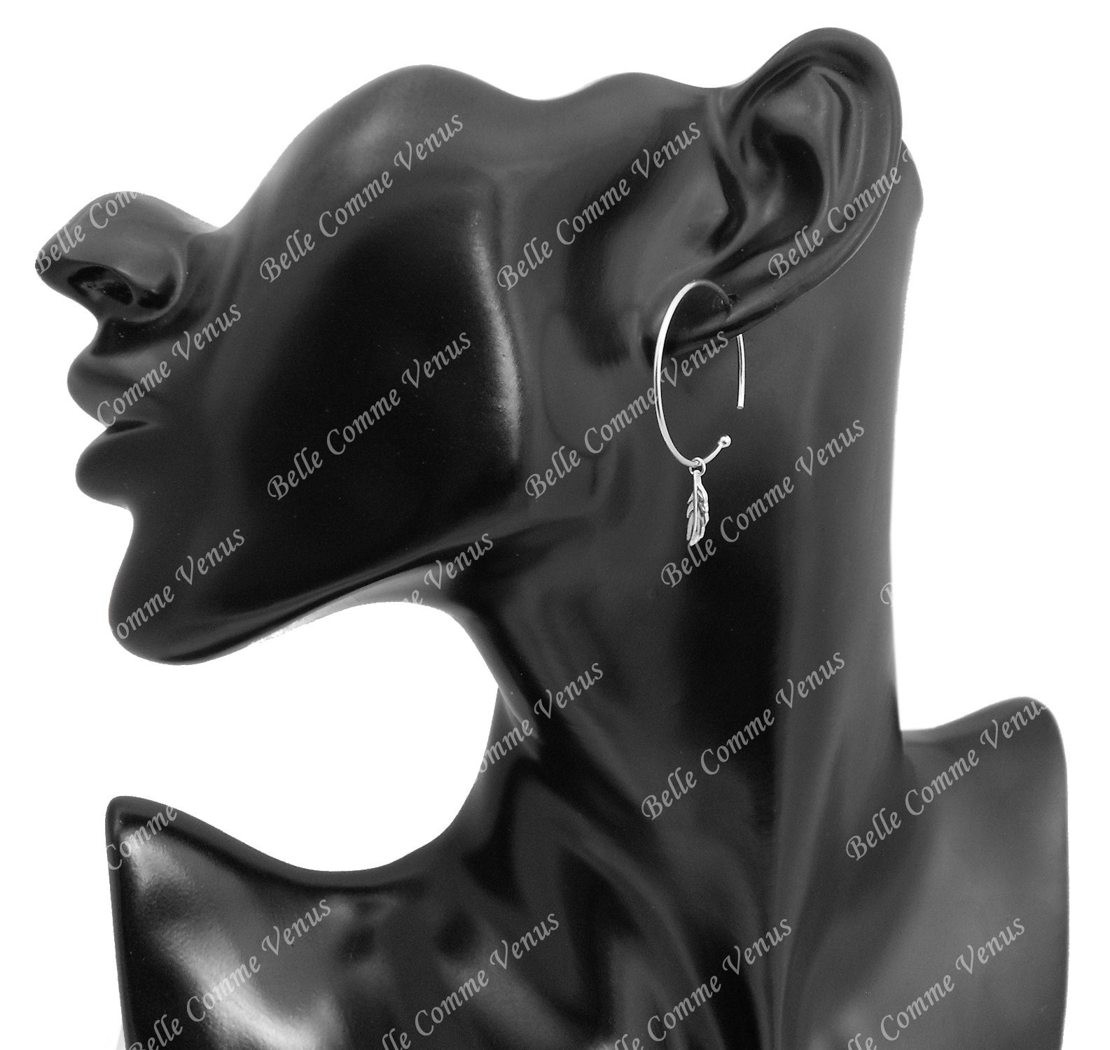 Boucles d'oreilles créoles plume pendante Argent 925 Rhodié