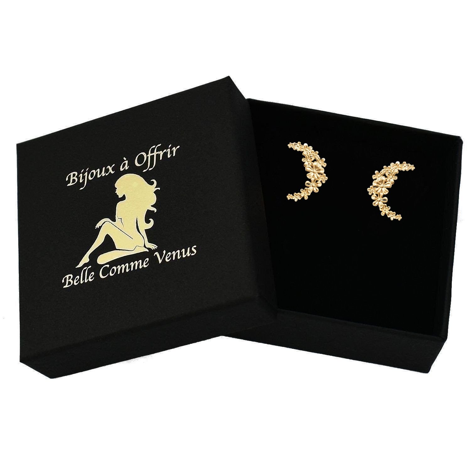 Boucles oreilles croissant lunaire plaqué or fleurs dans écrin Belle Comme Venus