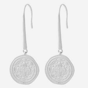 Boucles d'oreilles croix médaille antique argent 925 rhodié spiritualité vintage élégance