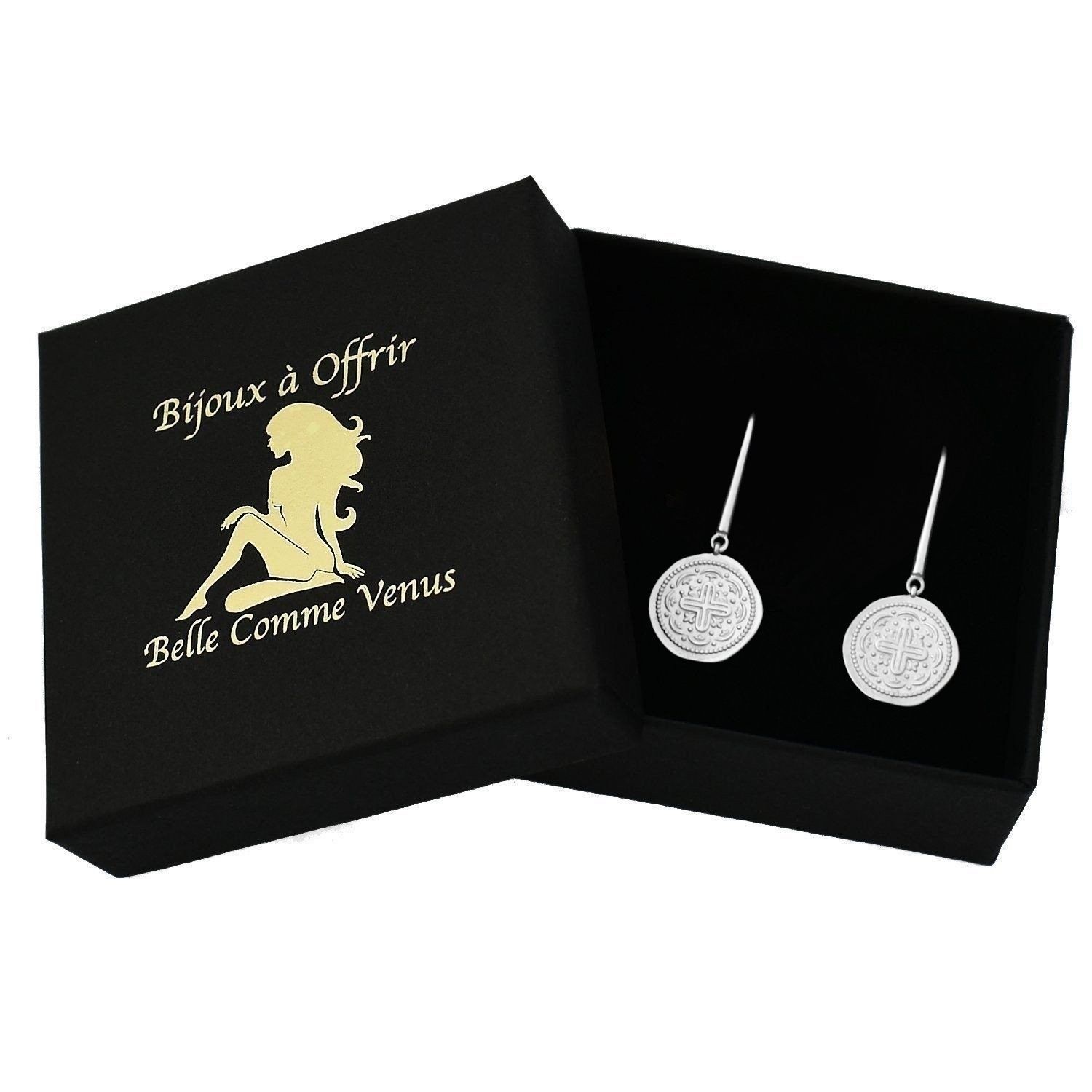 Boucles d'oreilles croix médaille antique argent 925 rhodié dans écrin Belle Comme Venus