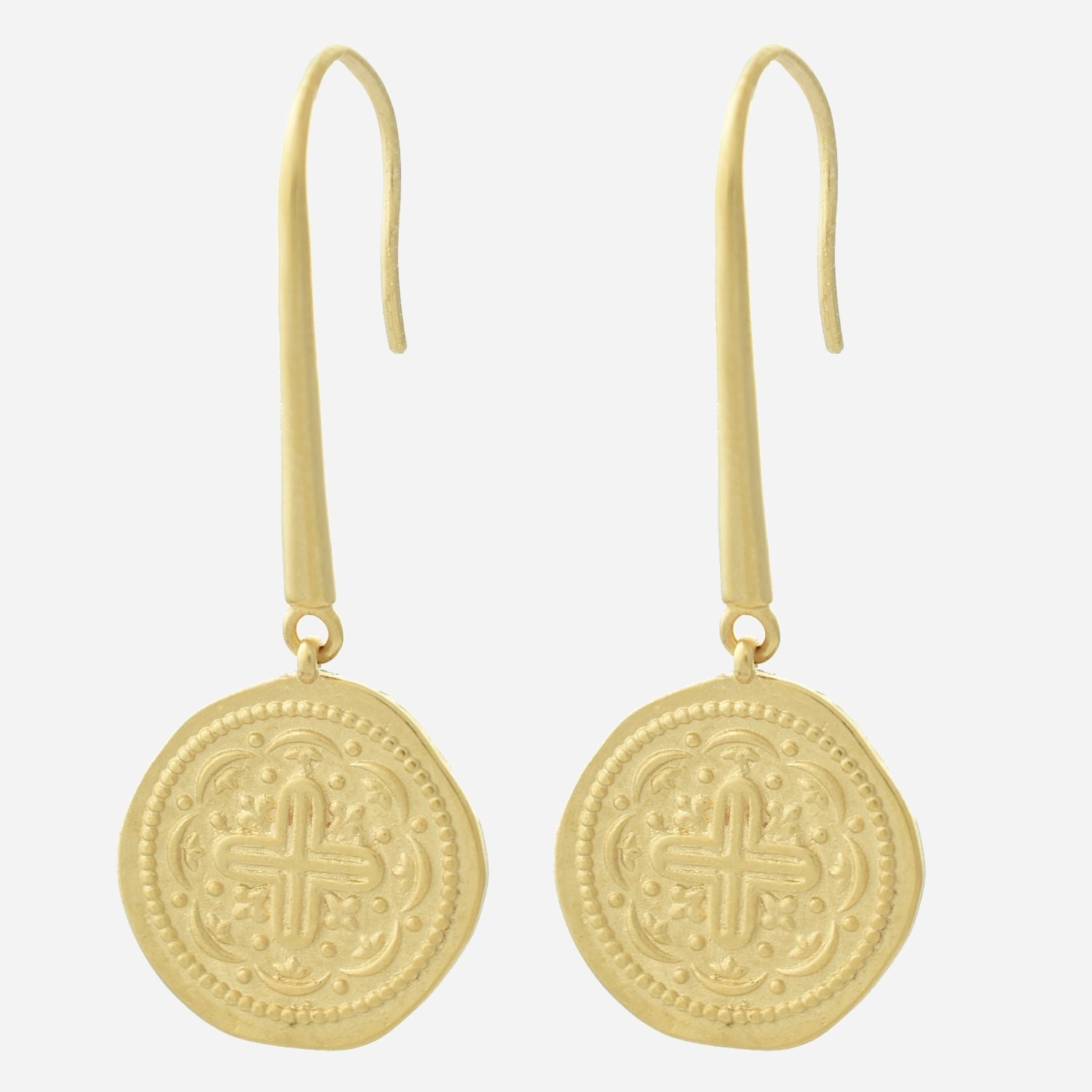 Boucles d'oreilles croix médaille antique plaqué or 750 spiritualité vintage élégance