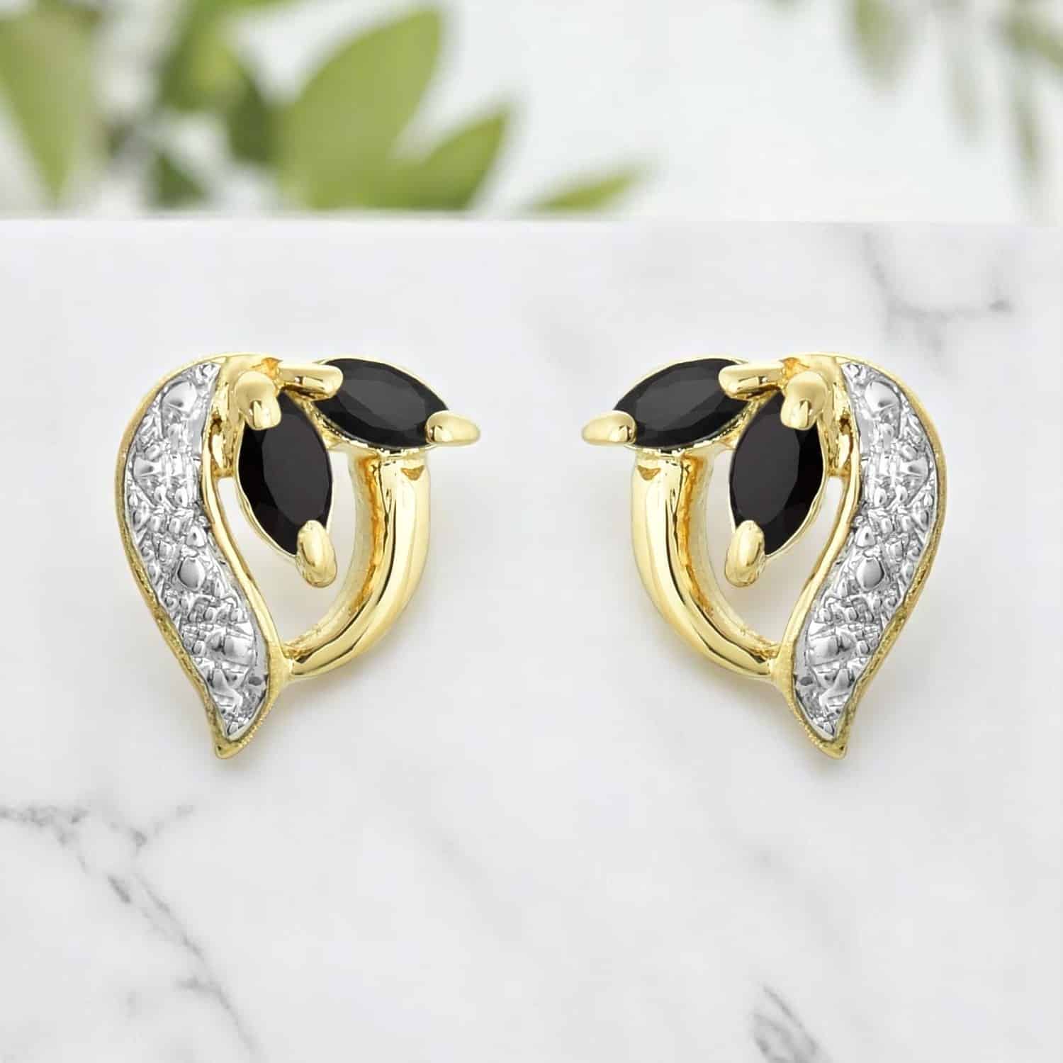 Boucles feuille saphir pierre plaqué or 2 tons botanique royal bicolore nature précieuse raffinée