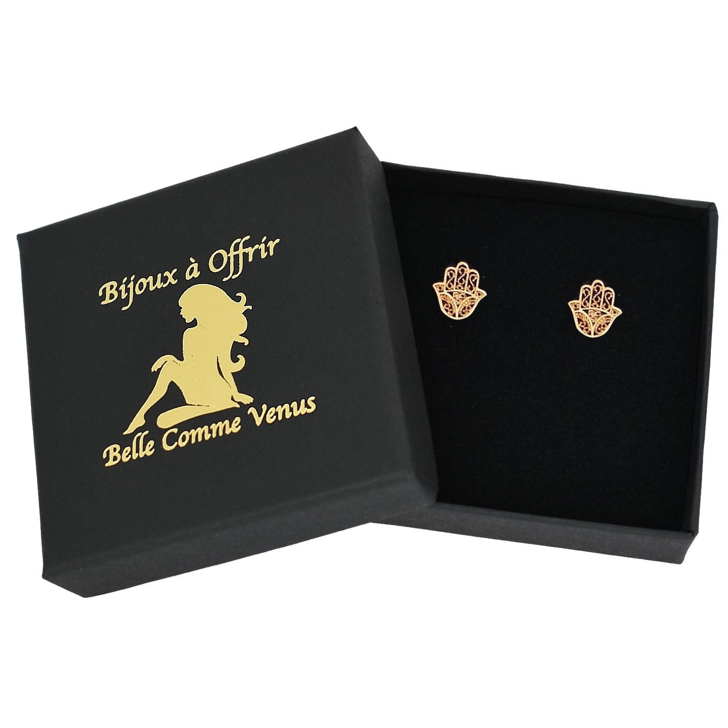 Boucles oreilles main Fatma plaqué or Khamsa dans écrin Belle Comme Venus