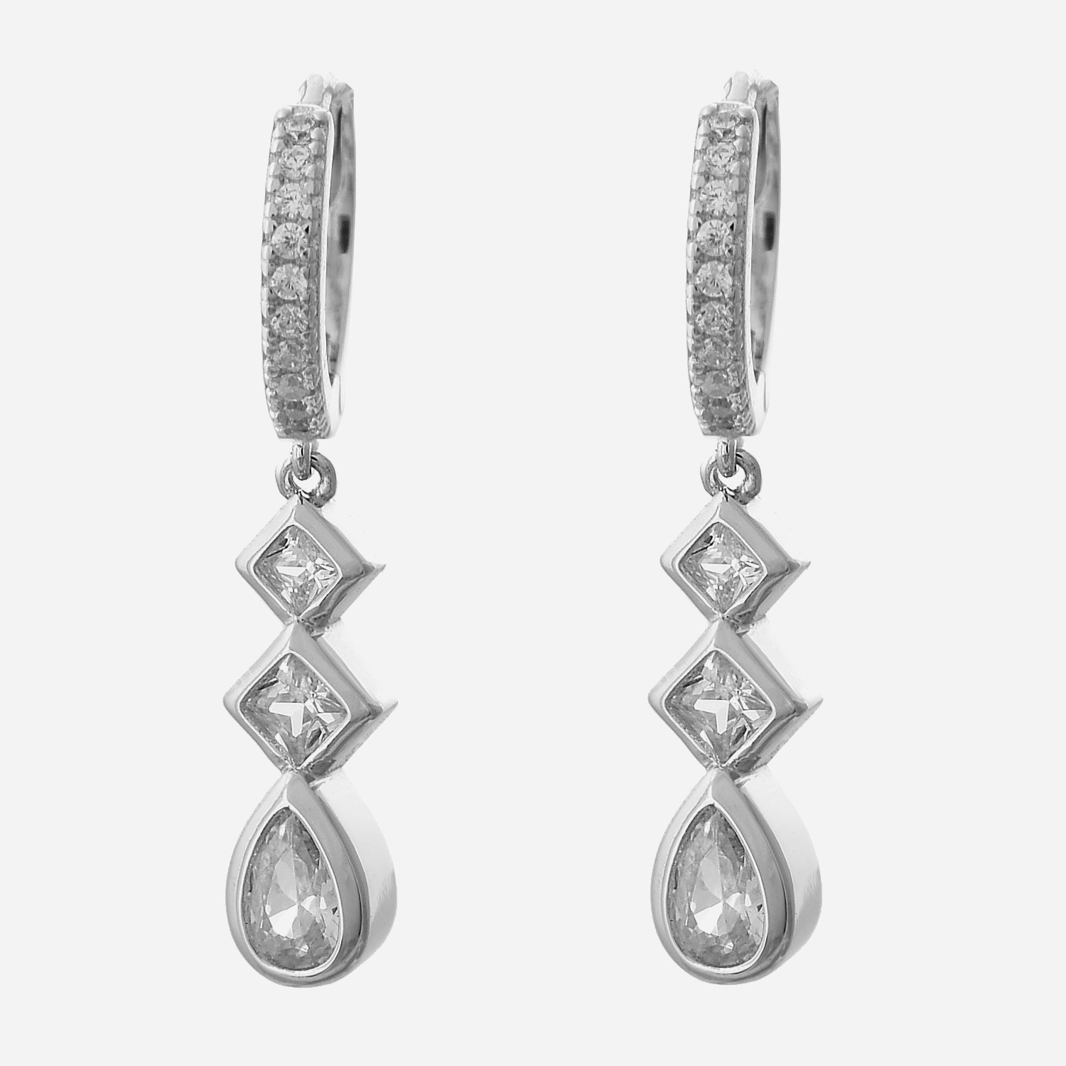 Boucles d'oreilles Mini Créoles losanges et goutte ovale pendants sertis d'oxydes de zirconium Argent 925 Rhodié