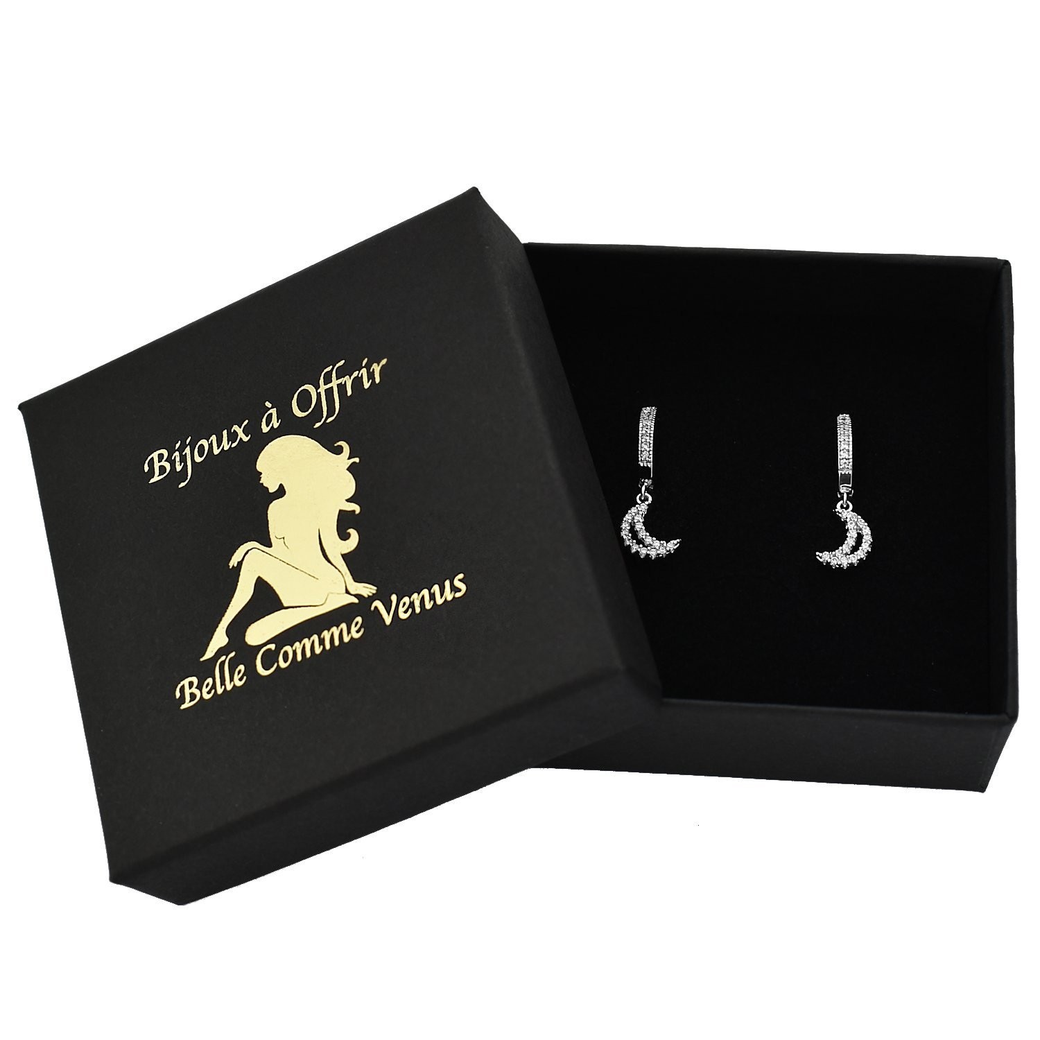 Mini créoles lune oxyde zirconium argent rhodié dans écrin