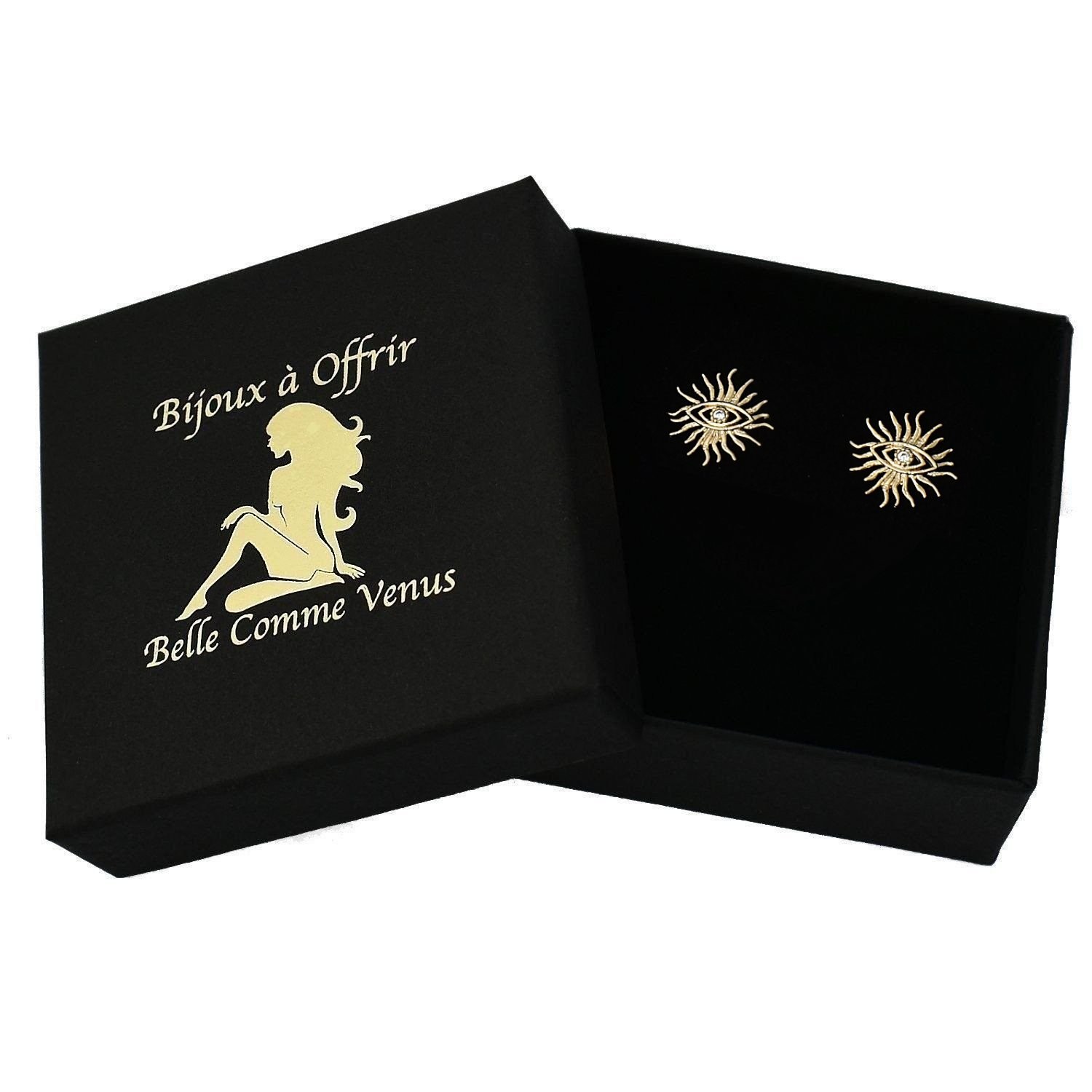 Boucles oeil soleil oxyde zirconium plaqué or 750 - 3 microns écrin