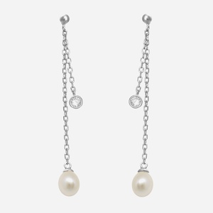 Boucles d'oreilles perle eau douce oxyde zirconium 2 chaînes pendantes argent 925 rhodié élégance naturelle
