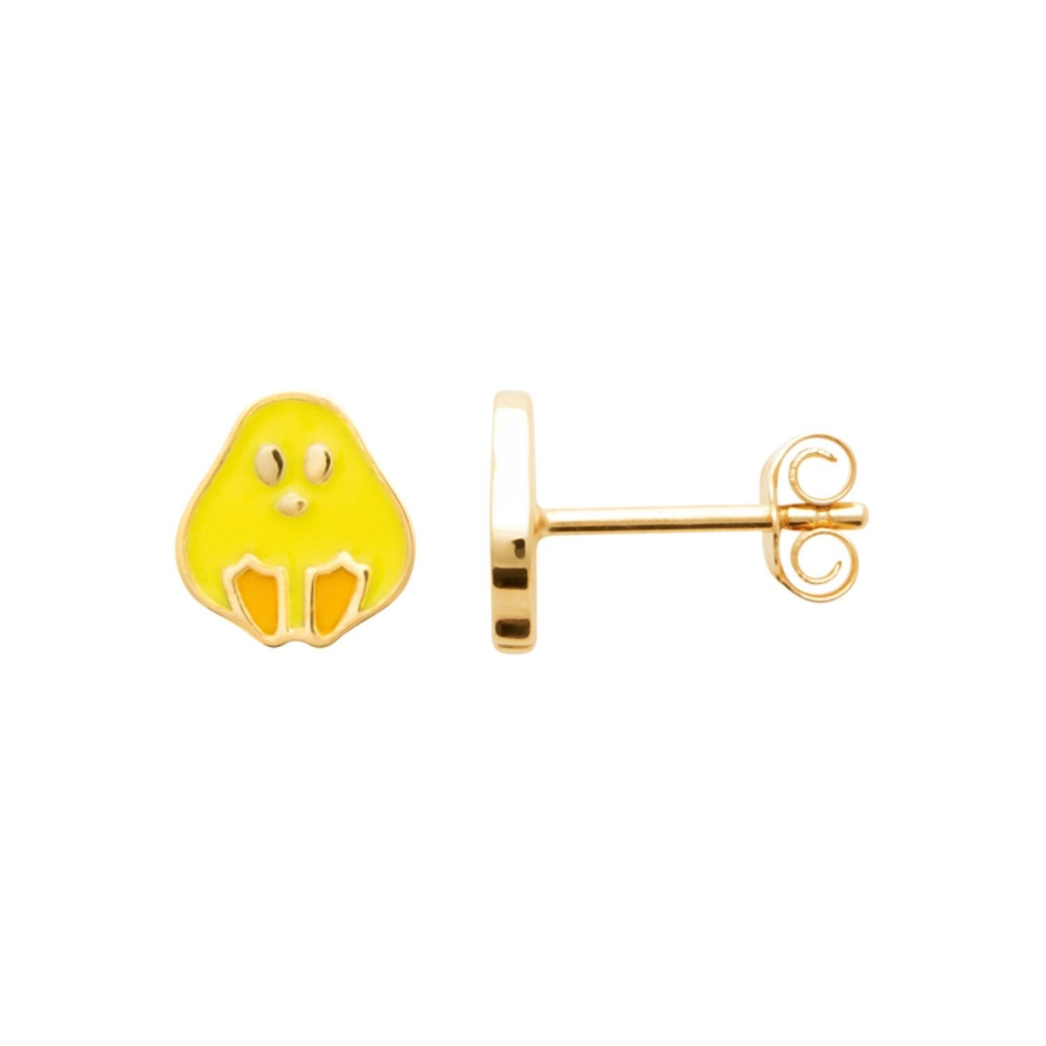 Boucles oreilles poussin plaqué or 750 émail jaune orange enfant - Mise en scène lifestyle