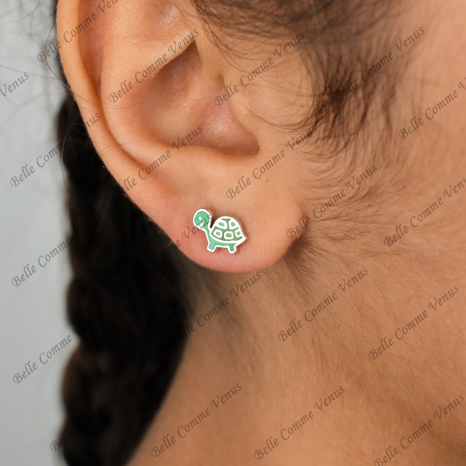 Boucles d'oreilles tortue émail coloré vert Argent 925 Rhodié