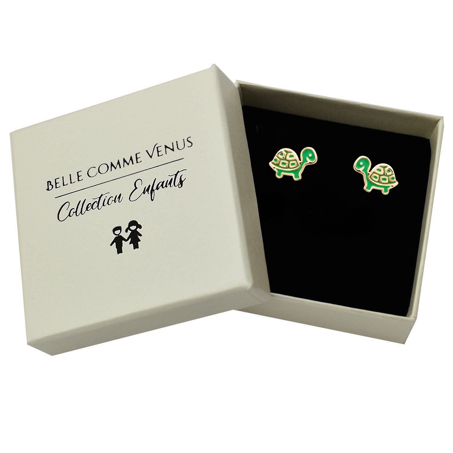 Boucles oreilles tortue plaqué or émail coloré vert dans écrin Belle Comme Venus