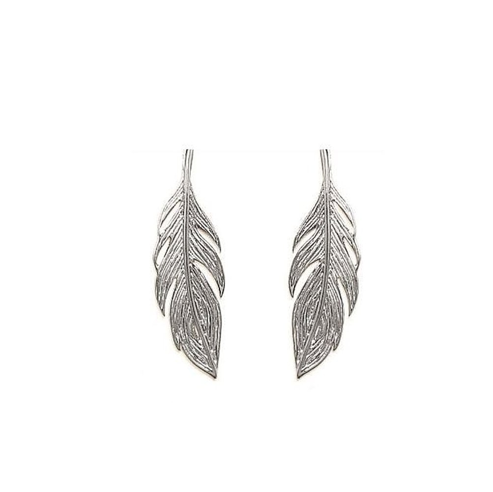 Boucles d'oreilles traversantes chaînes avec plume tombante Argent 925 Rhodié