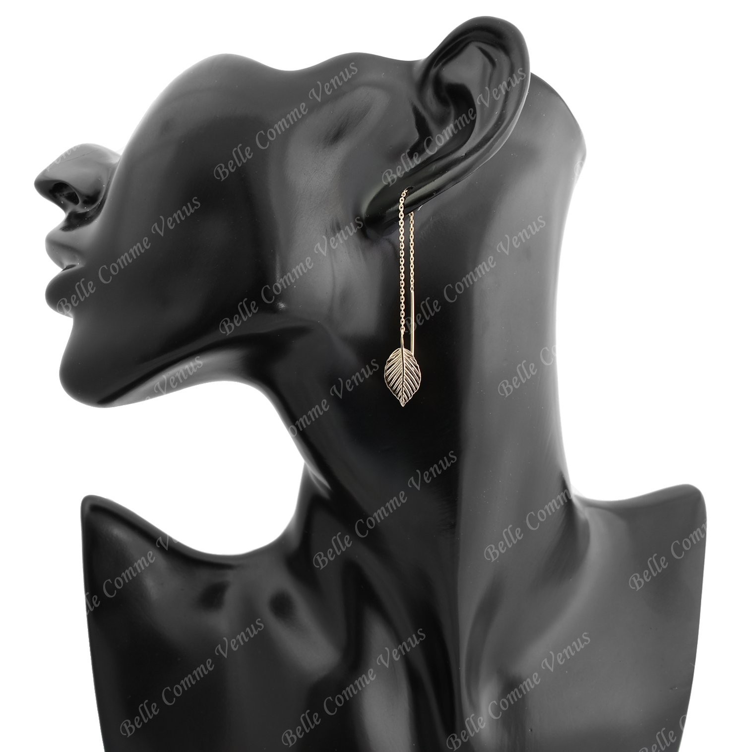 Boucles d'oreilles traversantes chaînes feuille tombante Plaqué or 750 3 microns