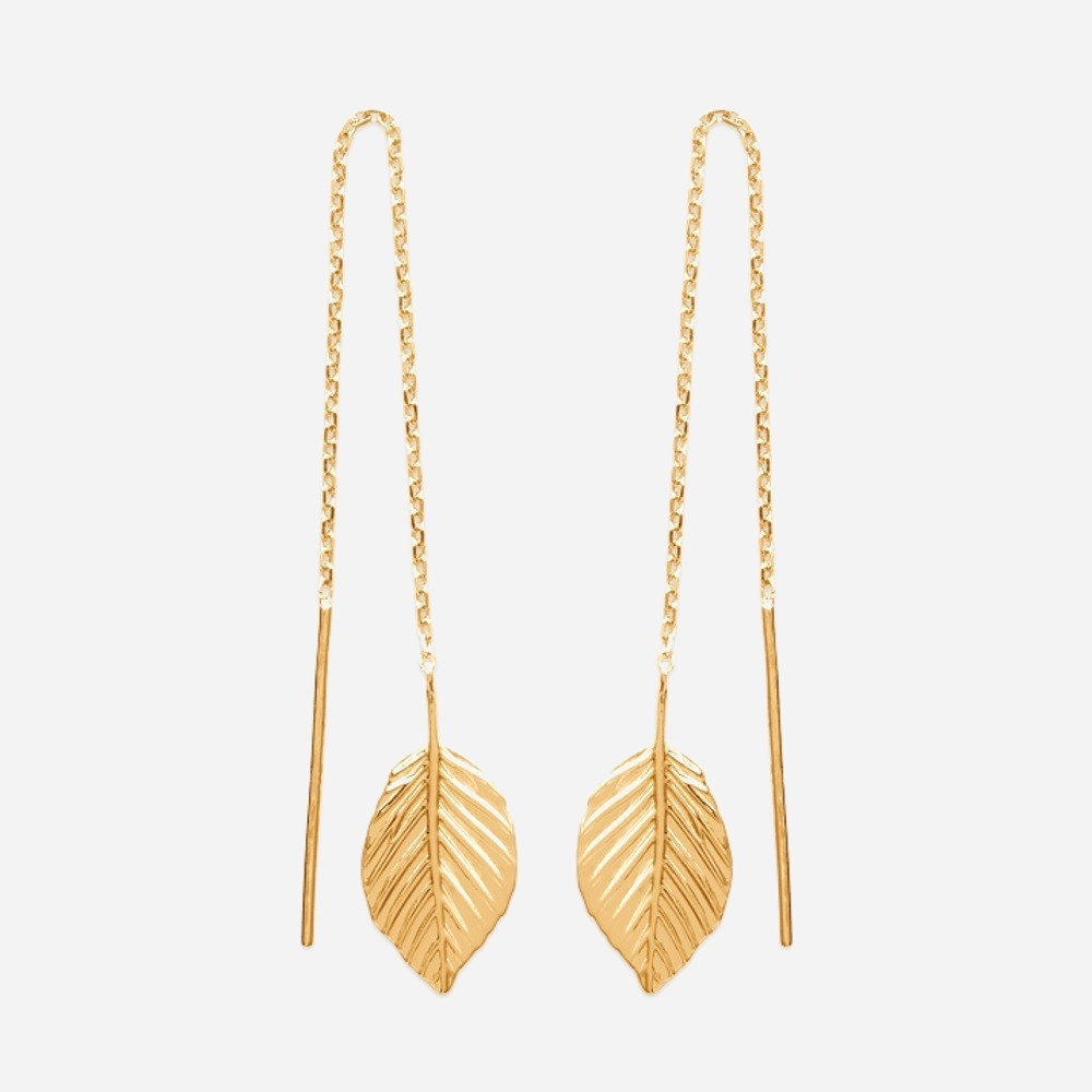 Boucles traversantes chaînes feuille tombante plaqué or 750 3 microns