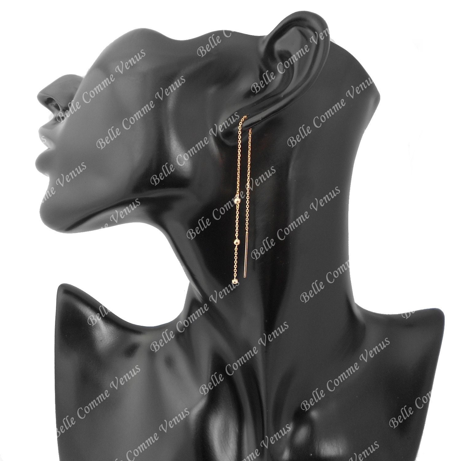 Boucles d'oreilles traversantes chaînes perles de billes Plaqué or 750 3 microns