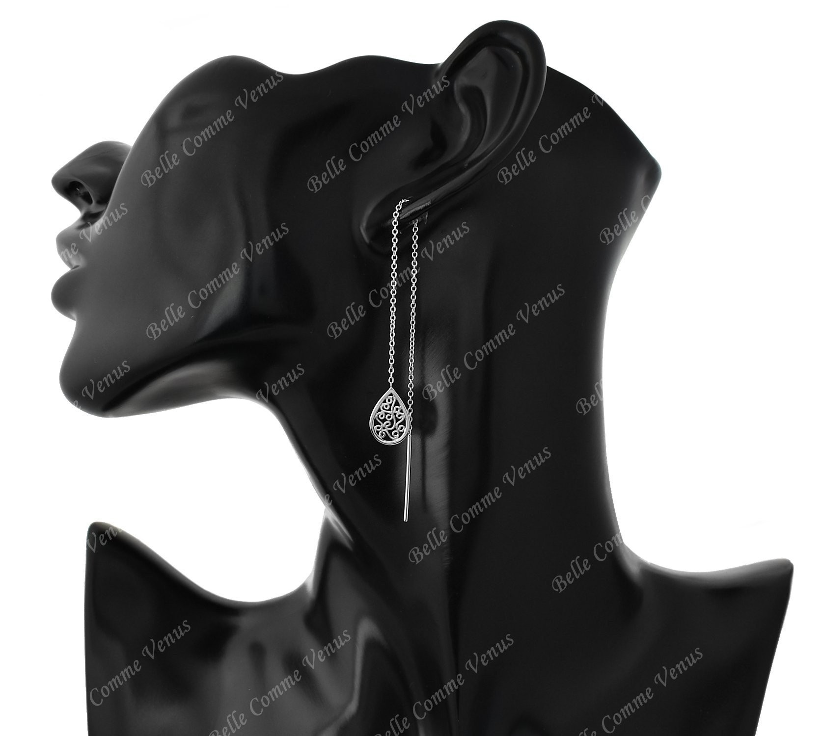 Boucles d'oreilles traversantes goutte arabesque tombante avec chaînette Argent 925 Rhodié