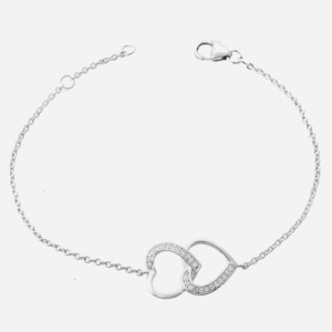 Bracelet 2 coeurs sertis oxyde de zirconium argent 925 rhodié scintillants