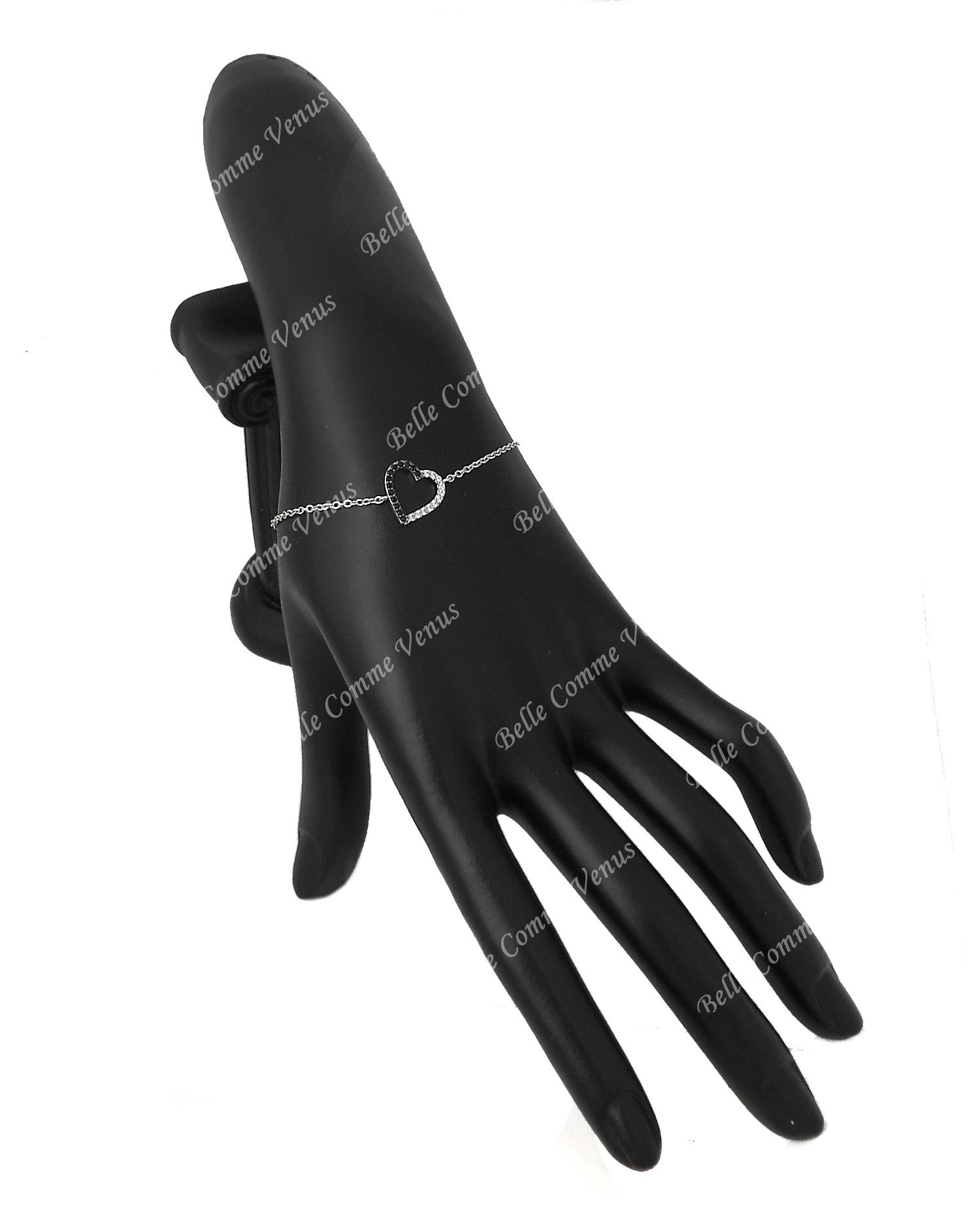 Bracelet coeur serti d'oxyde de zirconium blancs et noirs Argent 925 Rhodié