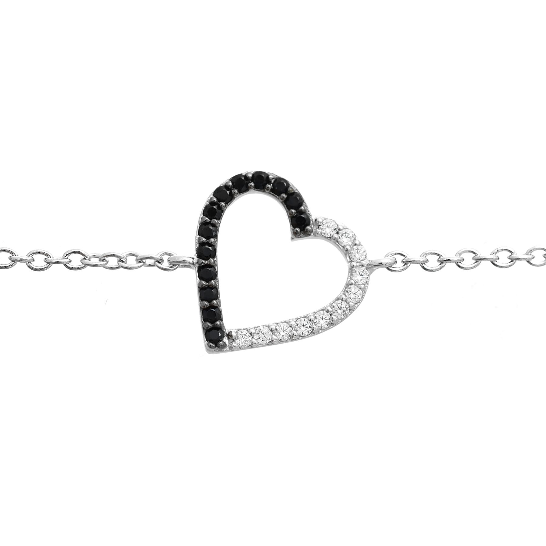 Bracelet coeur serti d'oxyde de zirconium blancs et noirs Argent 925 Rhodié