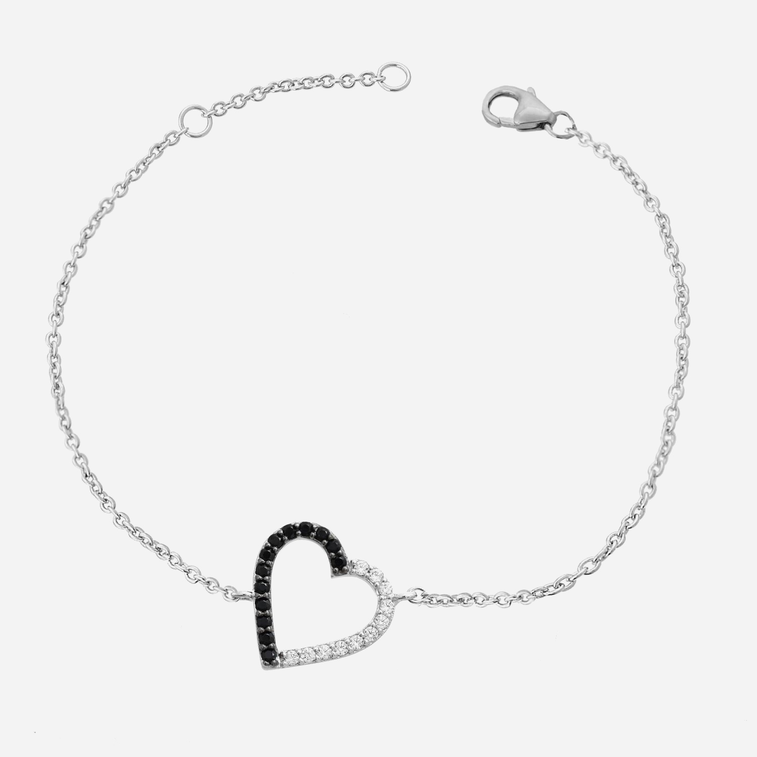 Bracelet cœur oxyde zirconium blancs et noirs argent 925 rhodié contraste bicolore amour