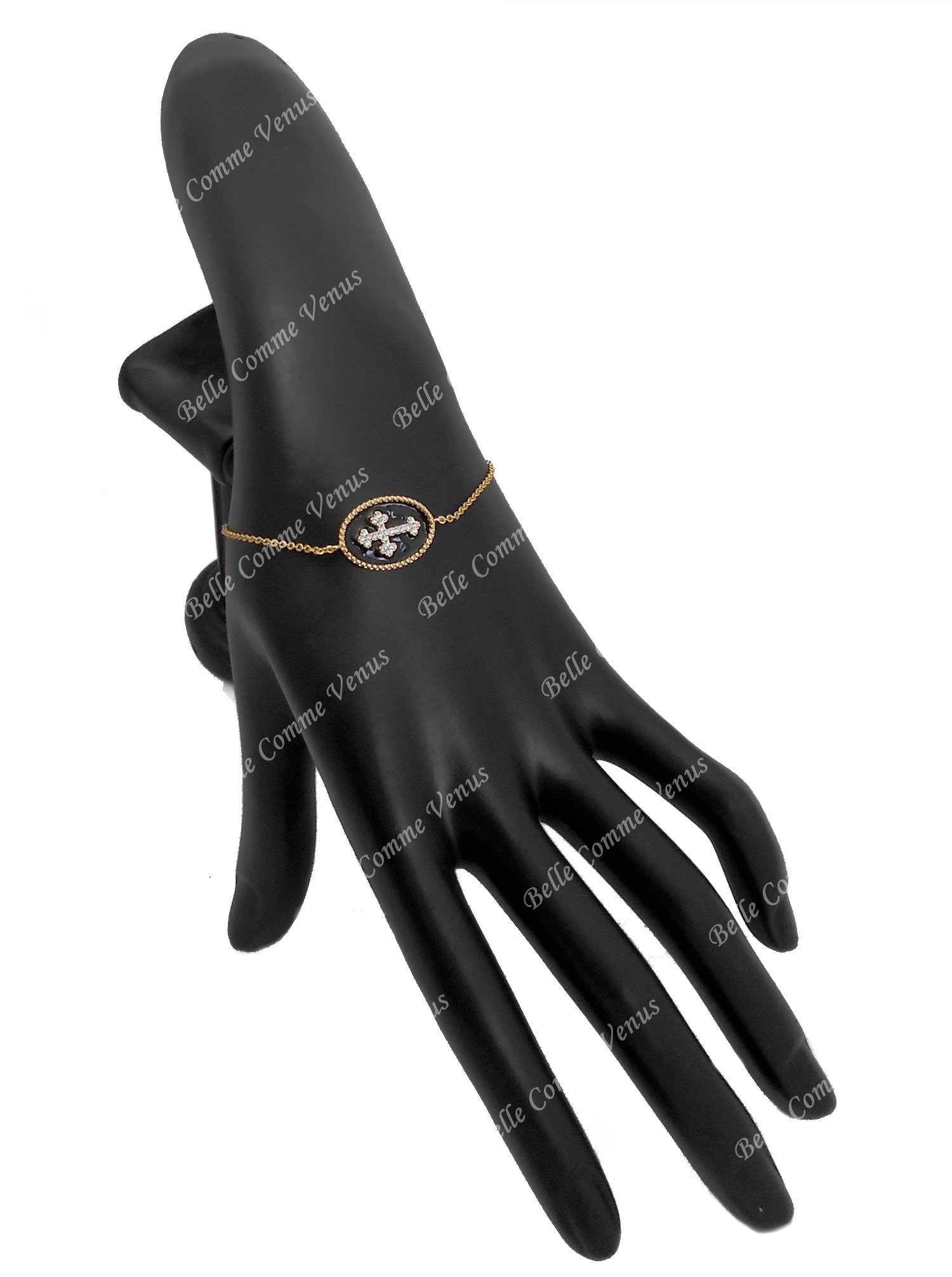 Bracelet croix fleur de lys sertie d'oxyde de zirconium émail noir Plaqué OR 750 3 microns