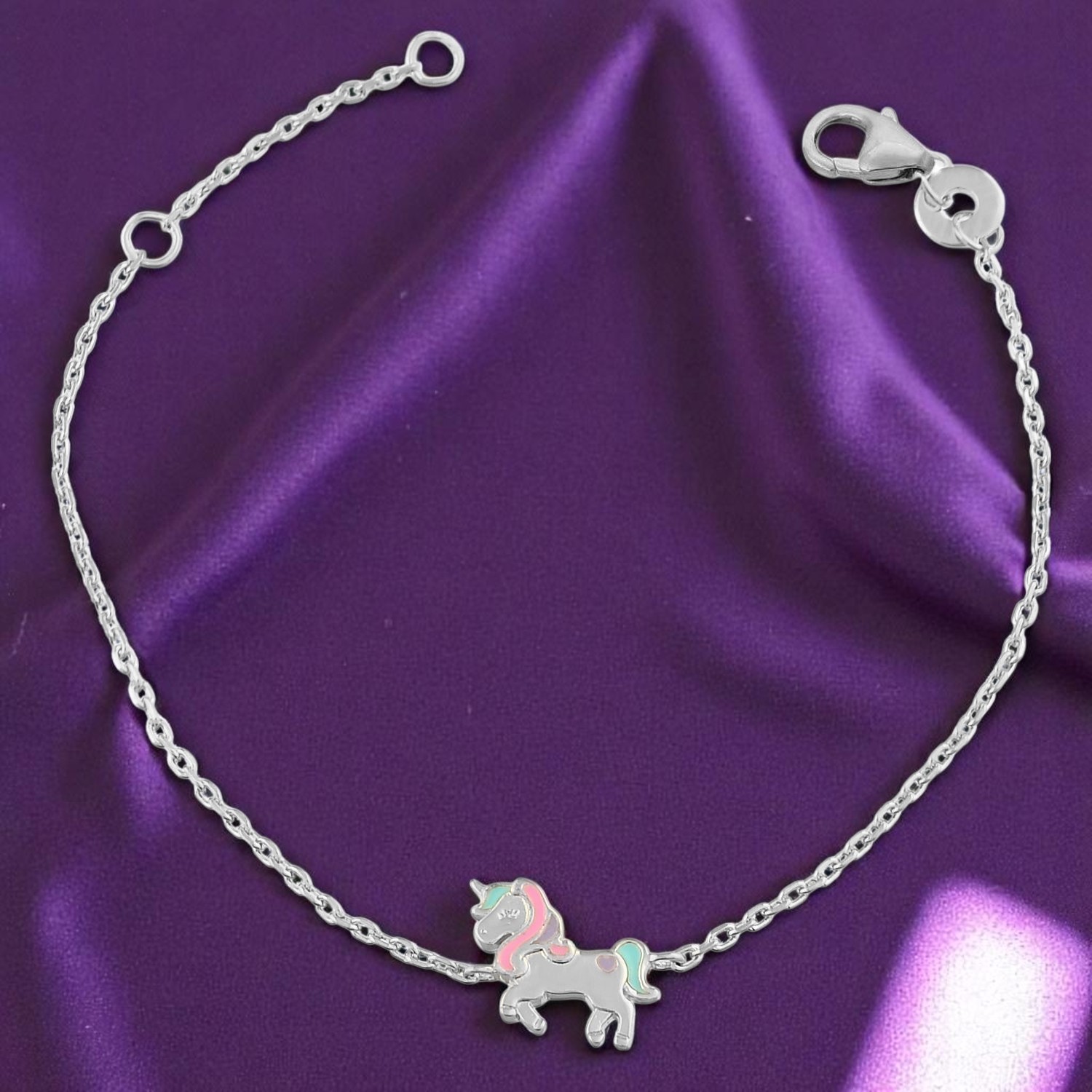 Bracelet licorne émail coloré enfant argent 925 rhodié magique féerique adorable sûr