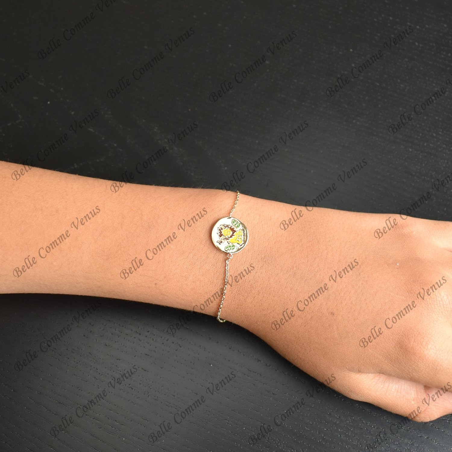 Bracelet lion et petites feuilles émail coloré Plaqué or 750 3 microns