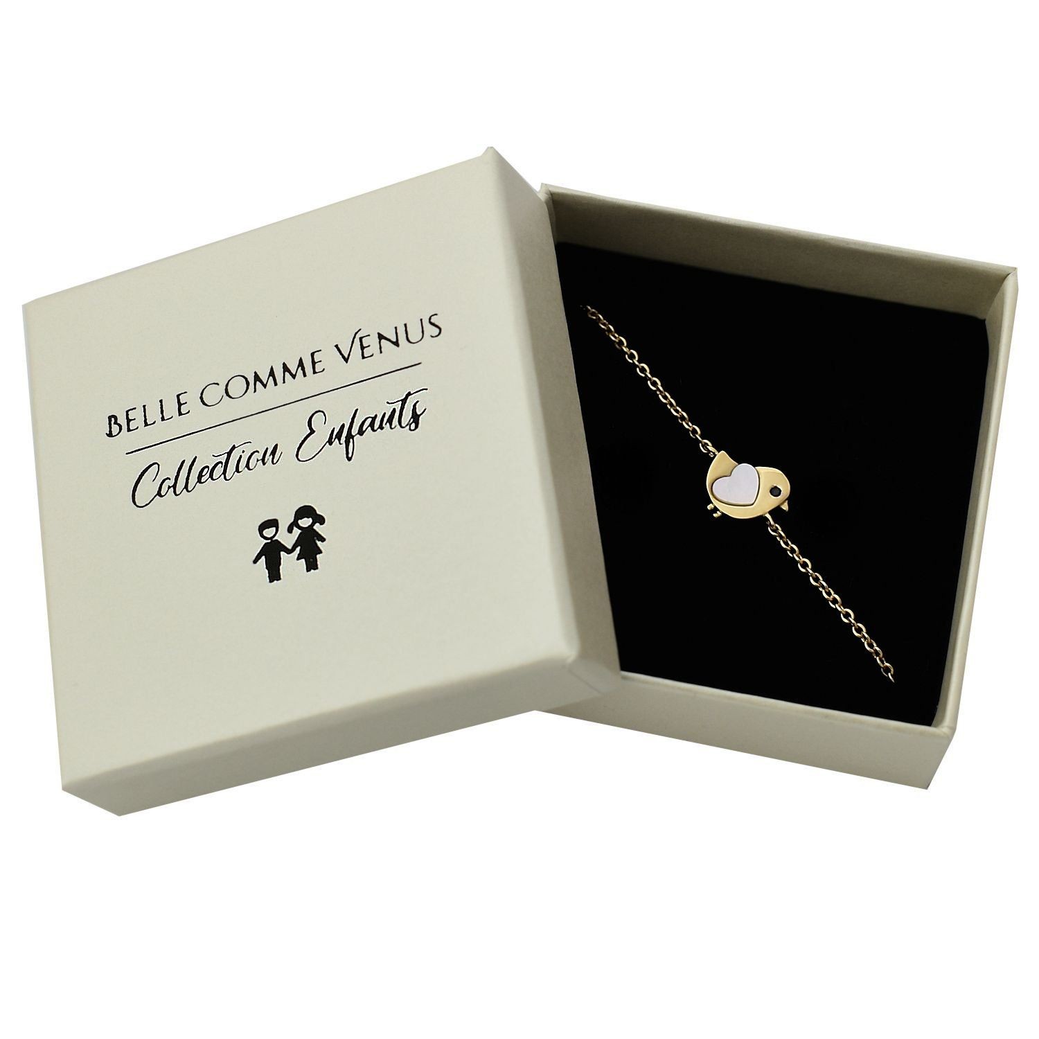 Bracelet oiseau plaqué or coeur nacre oxyde zirconium enfant dans écrin Belle Comme Venus