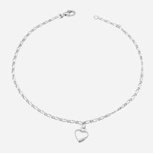 Chaîne cheville cœur argent 925 maille figaro rhodié