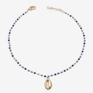 Chaîne cheville cauri plaqué or 3 microns perles Miyuki bleu
