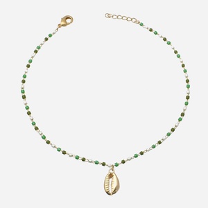 Chaîne cheville cauri plaqué or 3 microns perles Miyuki vert